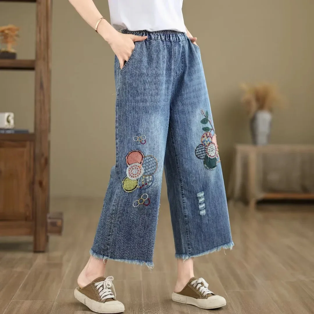 Ethnic Butterfly Embroidery Jeans for Women Japan Style Vintage Boho Denim Straight-leg Pants Fringe Straight Jeans Trousers