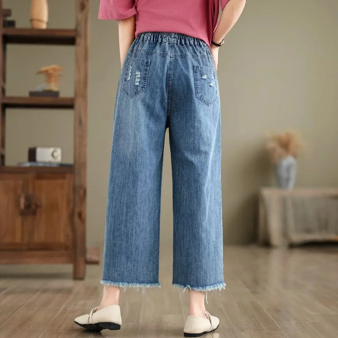 Ethnic Butterfly Embroidery Jeans for Women Japan Style Vintage Boho Denim Straight-leg Pants Fringe Straight Jeans Trousers