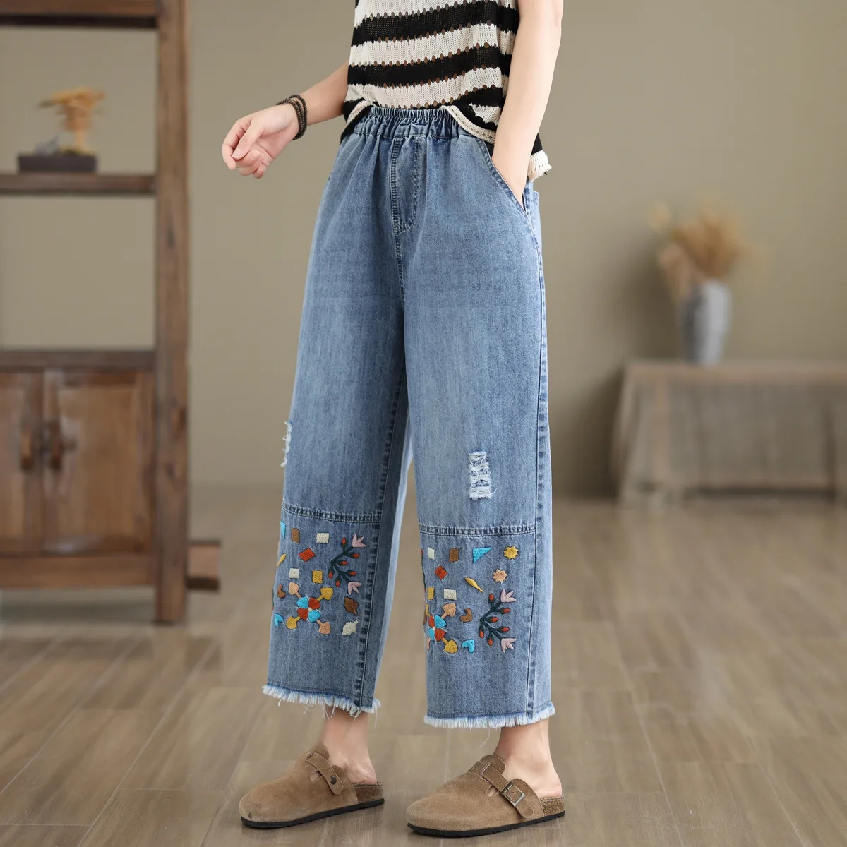 Ethnic Butterfly Embroidery Jeans for Women Japan Style Vintage Boho Denim Straight-leg Pants Fringe Straight Jeans Trousers