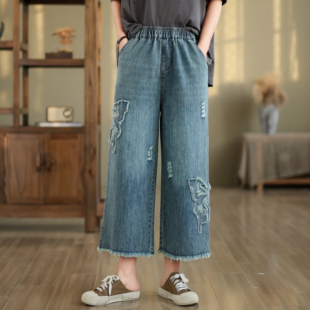 Ethnic Butterfly Embroidery Jeans for Women Japan Style Vintage Boho Denim Straight-leg Pants Fringe Straight Jeans Trousers