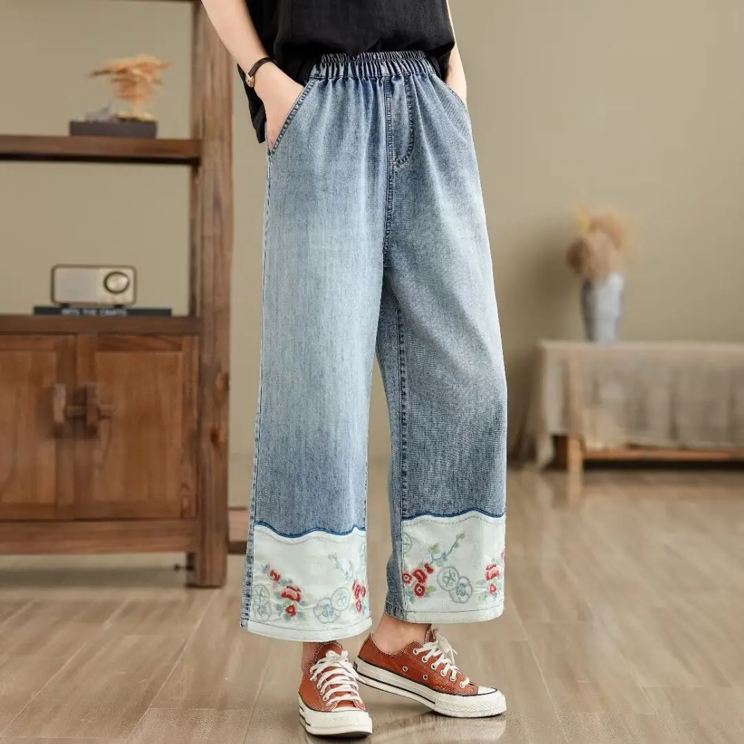 Ethnic Butterfly Embroidery Jeans for Women Japan Style Vintage Boho Denim Straight-leg Pants Fringe Straight Jeans Trousers