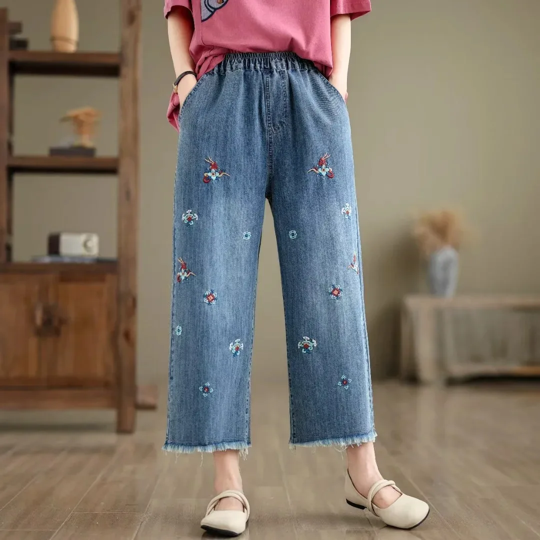 Ethnic Butterfly Embroidery Jeans for Women Japan Style Vintage Boho Denim Straight-leg Pants Fringe Straight Jeans Trousers