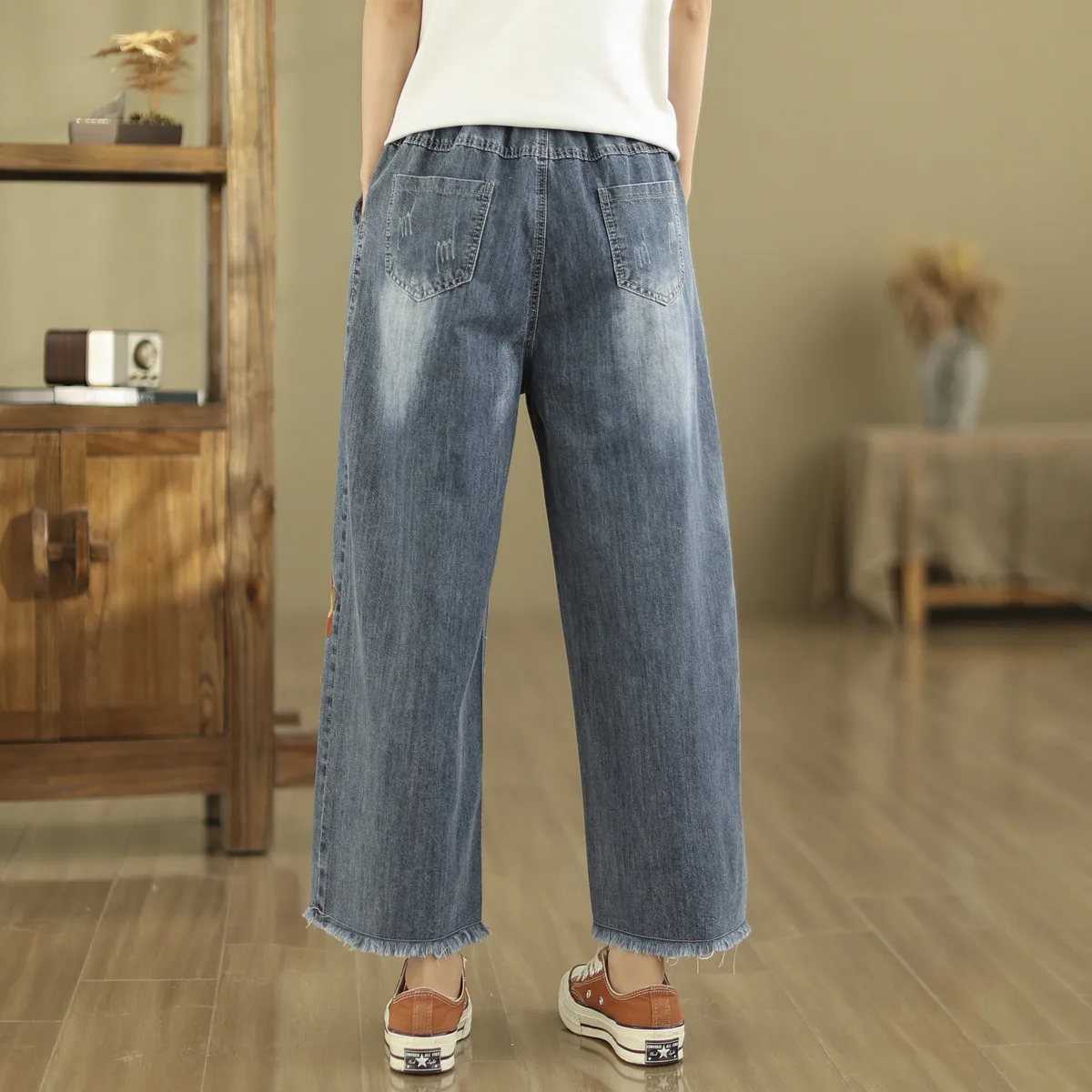 Ethnic Butterfly Embroidery Jeans for Women Japan Style Vintage Boho Denim Straight-leg Pants Fringe Straight Jeans Trousers