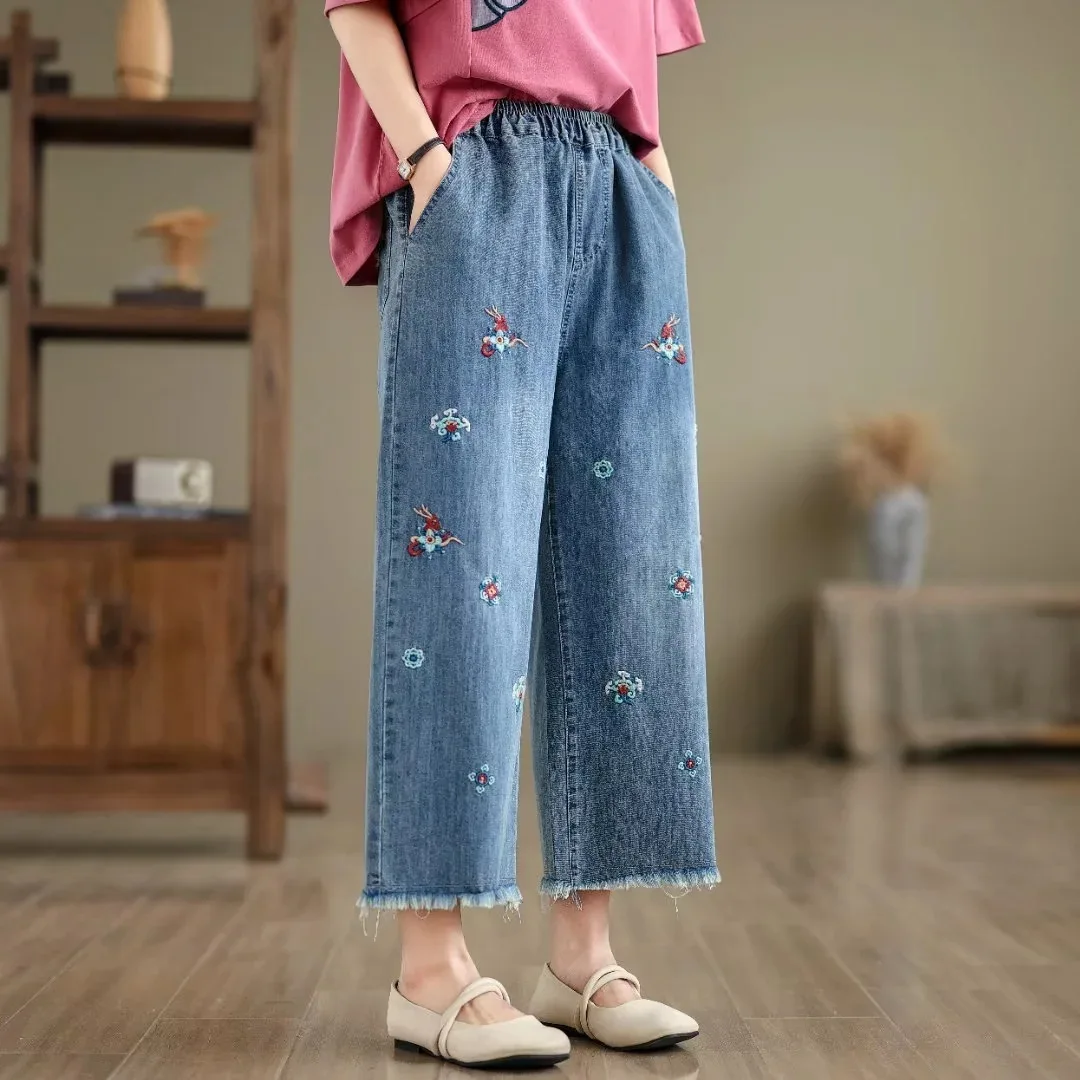 Ethnic Butterfly Embroidery Jeans for Women Japan Style Vintage Boho Denim Straight-leg Pants Fringe Straight Jeans Trousers