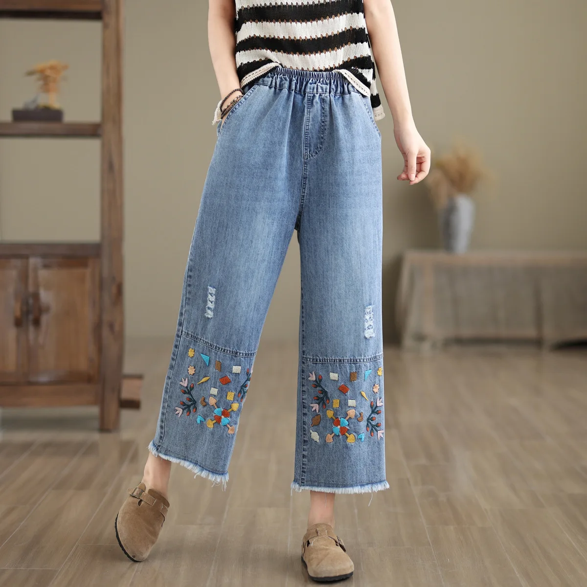 Ethnic Butterfly Embroidery Jeans for Women Japan Style Vintage Boho Denim Straight-leg Pants Fringe Straight Jeans Trousers