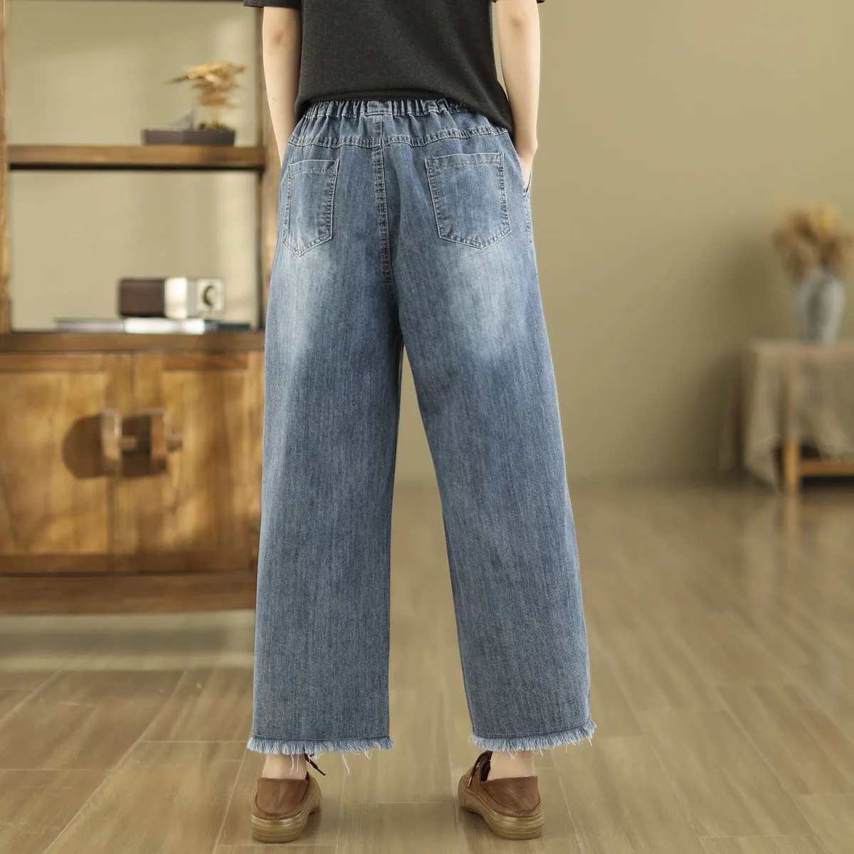 Ethnic Embroidery Jeans for Women Autumn Spring Japan Style Vintage Boho Denim Straight-leg Pants Straight Jeans Trousers