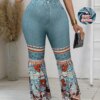 Women's Plus Size Flared Pants Fall Winter Boho Floral Print Bell Bottoms with Denim Look Top Vintage High Waisted Comfortabl