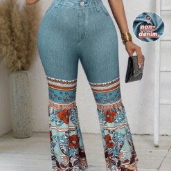 Women's Plus Size Flared Pants Fall Winter Boho Floral Print Bell Bottoms with Denim Look Top Vintage High Waisted Comfortabl