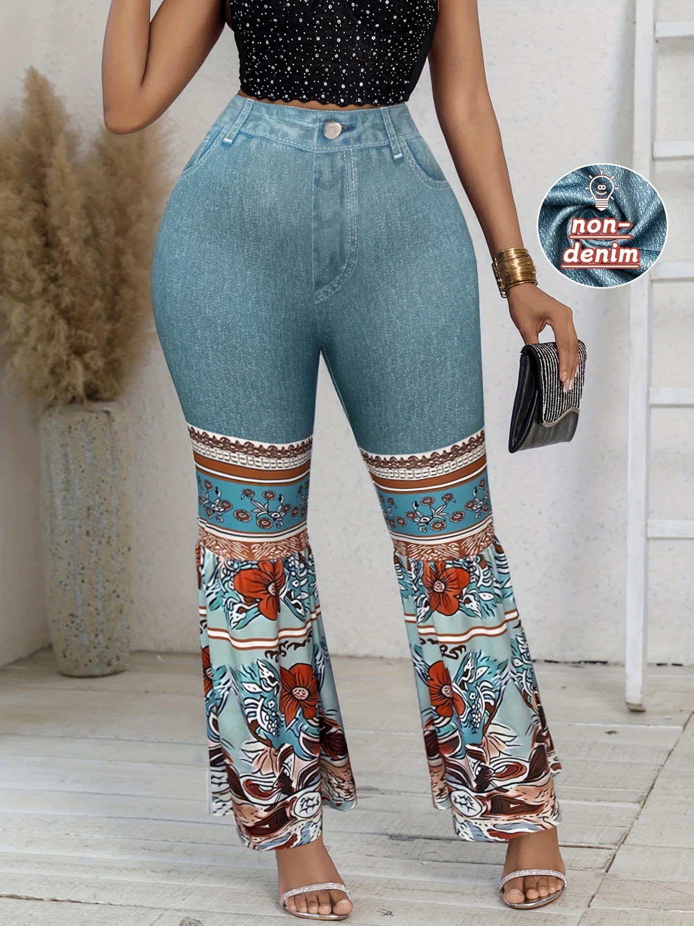 Women's Plus Size Flared Pants Fall Winter Boho Floral Print Bell Bottoms with Denim Look Top Vintage High Waisted Comfortabl