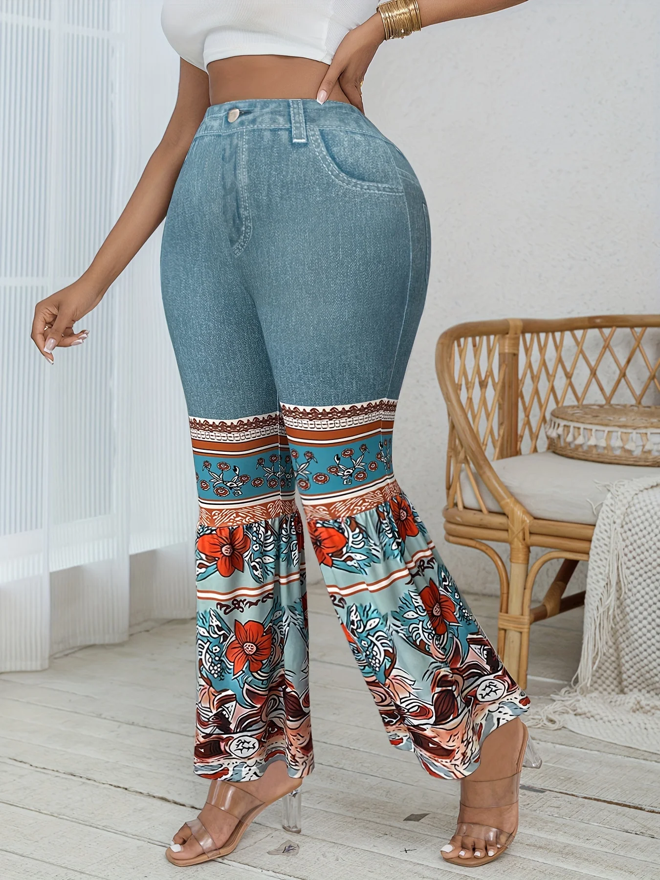 Women's Plus Size Flared Pants Fall Winter Boho Floral Print Bell Bottoms with Denim Look Top Vintage High Waisted Comfortabl