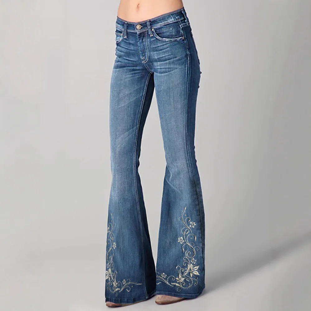 Women's Floral Embroidered High Waist Flared Jeans Vintage Boho Wide Leg Denim Pants for Party and Daily Outfits