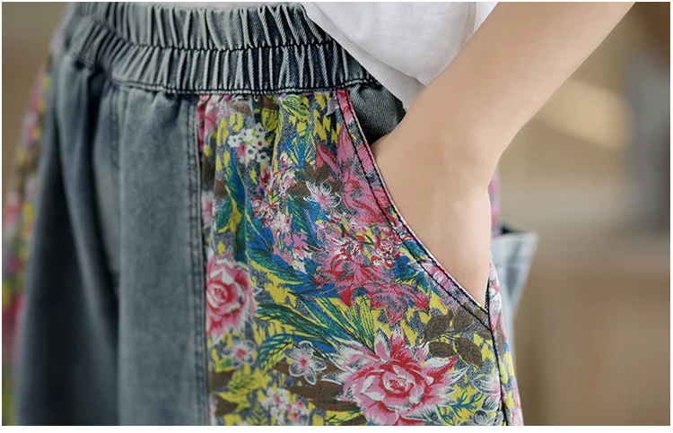 High Waist Wide Leg Denim Pants Women New Arrival 2024 Vintage Style Patchwork Floral Print Loose Female Casual Jeans B3876