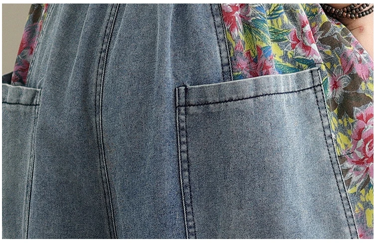 High Waist Wide Leg Denim Pants Women New Arrival 2024 Vintage Style Patchwork Floral Print Loose Female Casual Jeans B3876