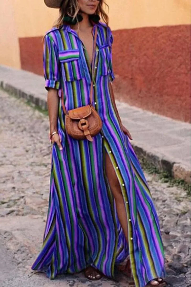 Women's Summer Long Dress 2026 Spring Split-joint Buttons Bohemia Vintage Loose Beach Vacation Striped Maxi Dresses for Woman