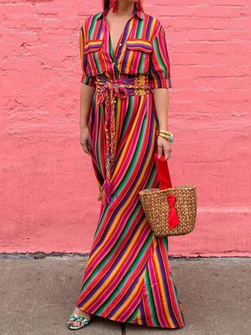 Women's Summer Long Dress 2026 Spring Split-joint Buttons Bohemia Vintage Loose Beach Vacation Striped Maxi Dresses for Woman