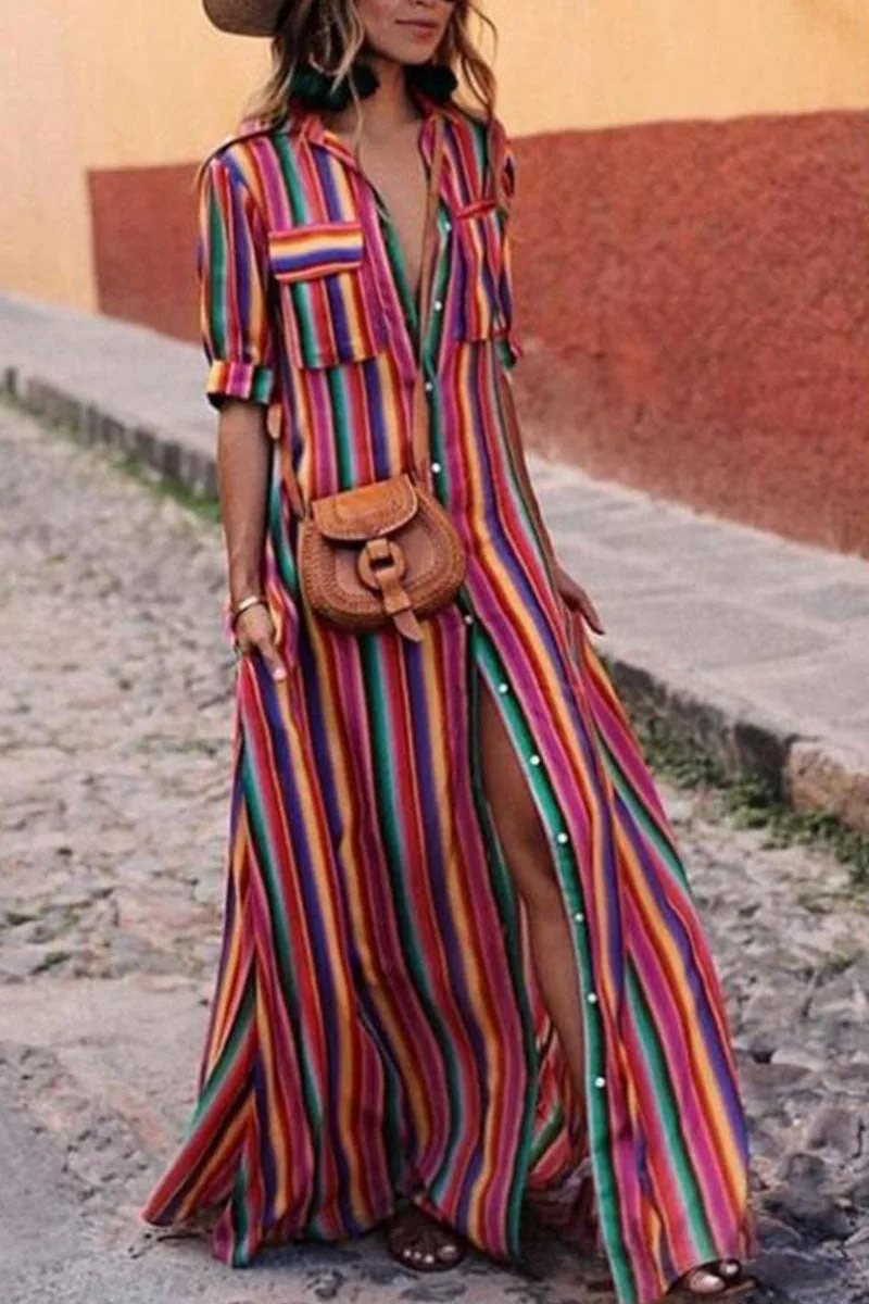 Women's Summer Long Dress 2026 Spring Split-joint Buttons Bohemia Vintage Loose Beach Vacation Striped Maxi Dresses for Woman