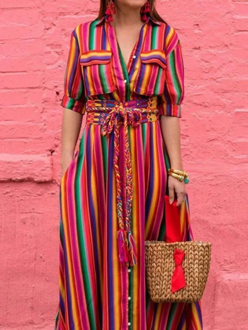 Women's Summer Long Dress 2026 Spring Split-joint Buttons Bohemia Vintage Loose Beach Vacation Striped Maxi Dresses for Woman