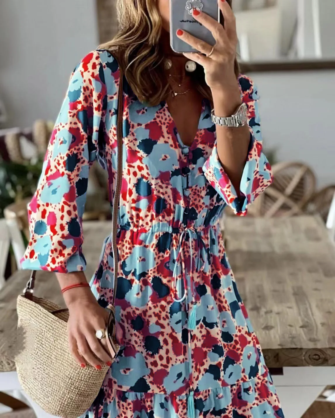 Bohemia Elegant Dress Women's  Print V-neck Nipped Waist Dress String Long Sleeve Maxi Dress