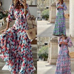 Bohemia Elegant V-Neck Nipped Waist Maxi Dress
