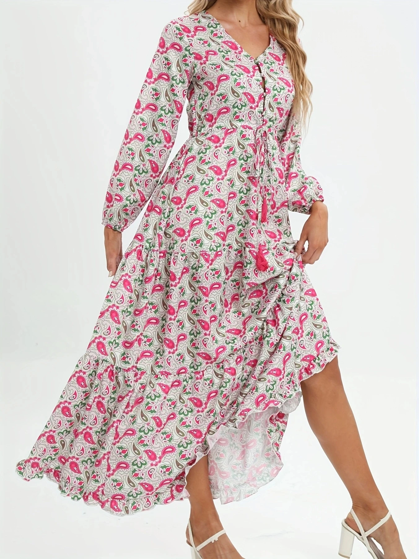Bohemia Elegant Dress Women's  Print V-neck Nipped Waist Dress String Long Sleeve Maxi Dress