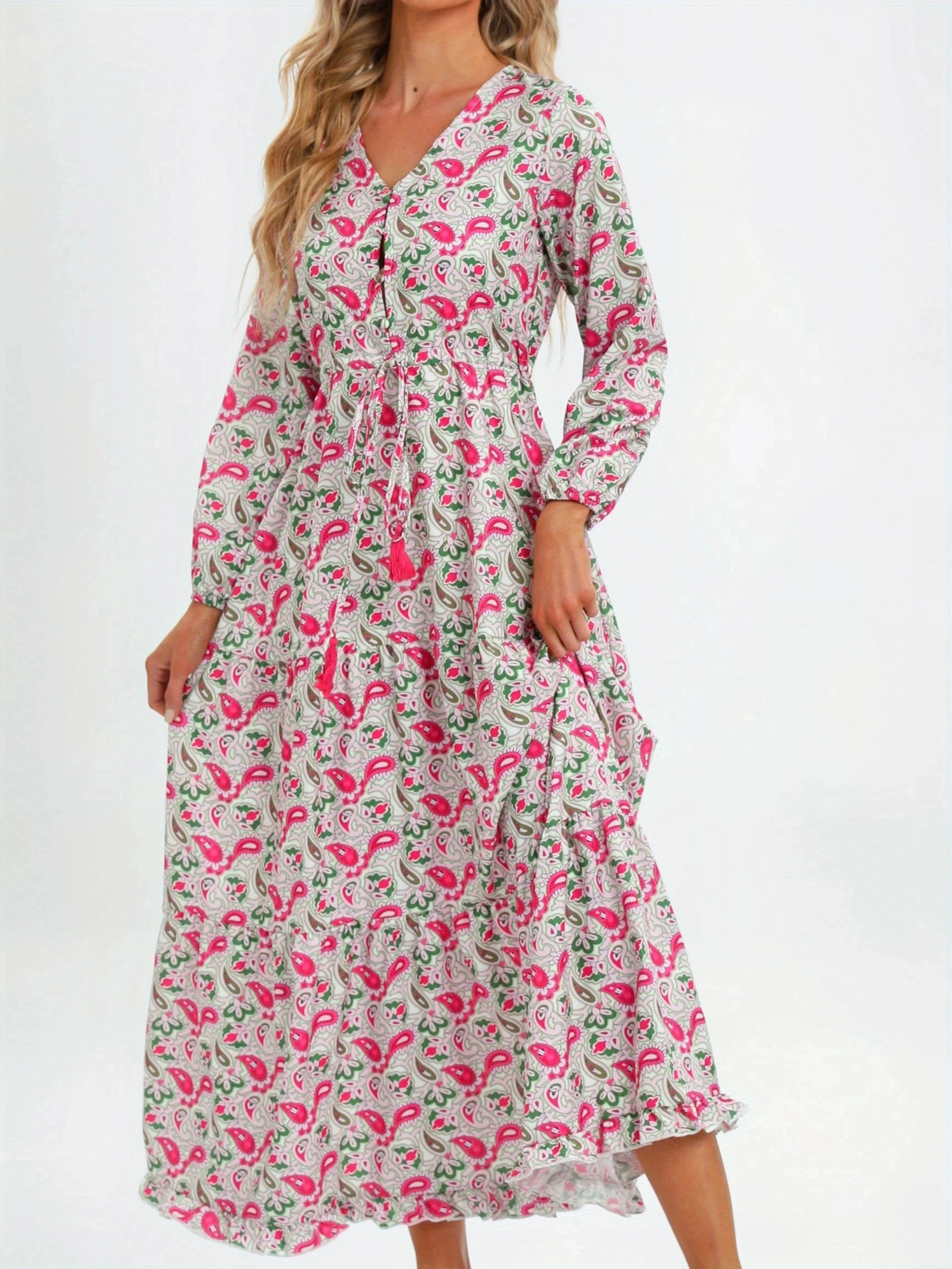 Bohemia Elegant Dress Women's  Print V-neck Nipped Waist Dress String Long Sleeve Maxi Dress