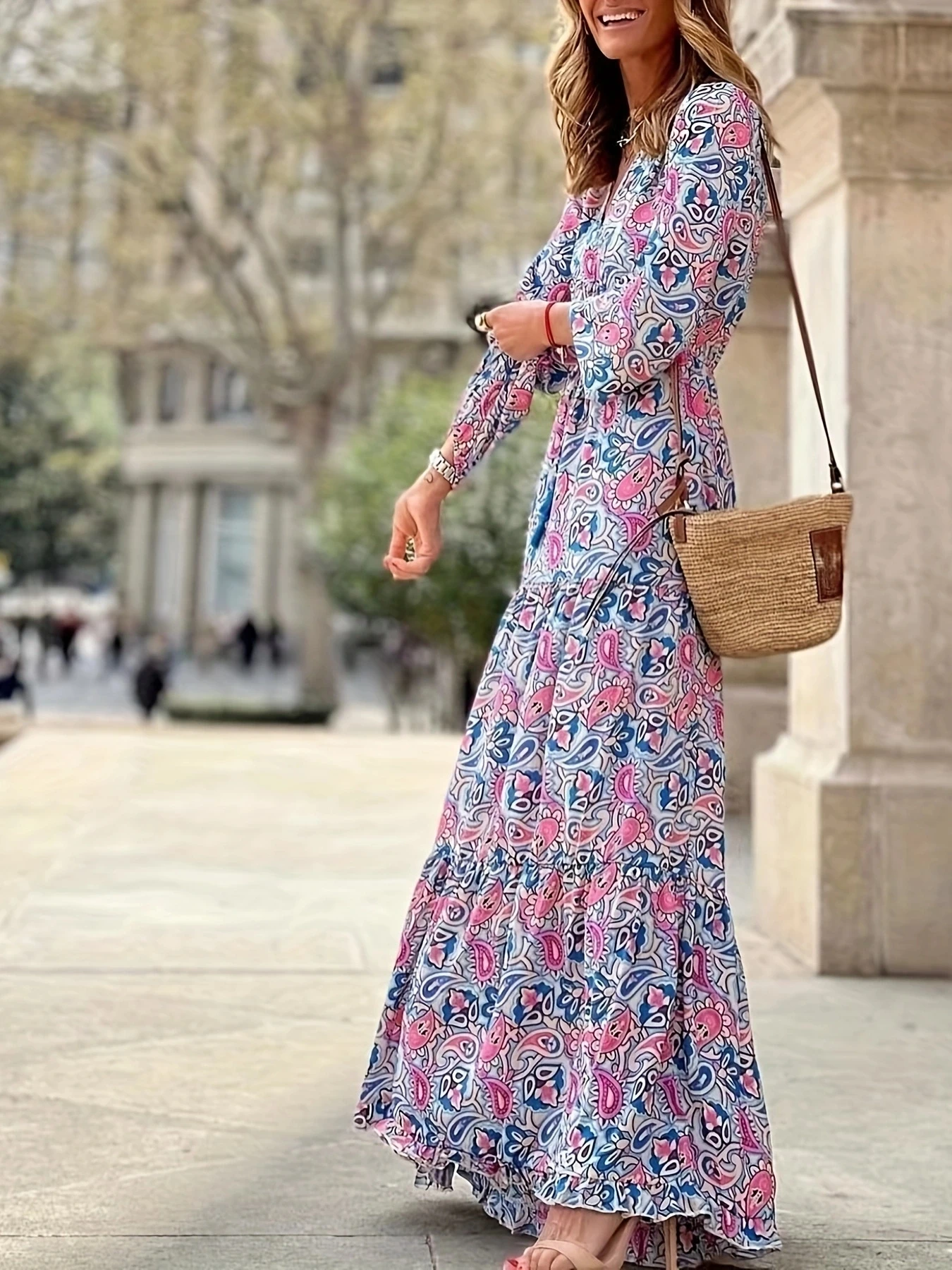 Bohemia Elegant Dress Women's  Print V-neck Nipped Waist Dress String Long Sleeve Maxi Dress