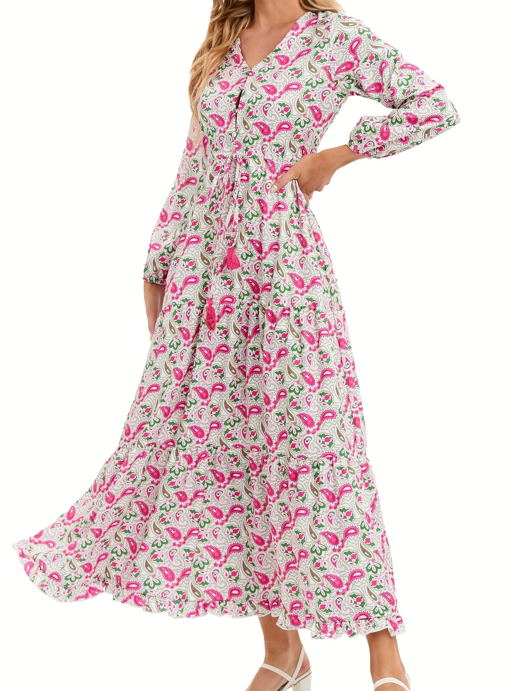 Bohemia Elegant Dress Women's  Print V-neck Nipped Waist Dress String Long Sleeve Maxi Dress