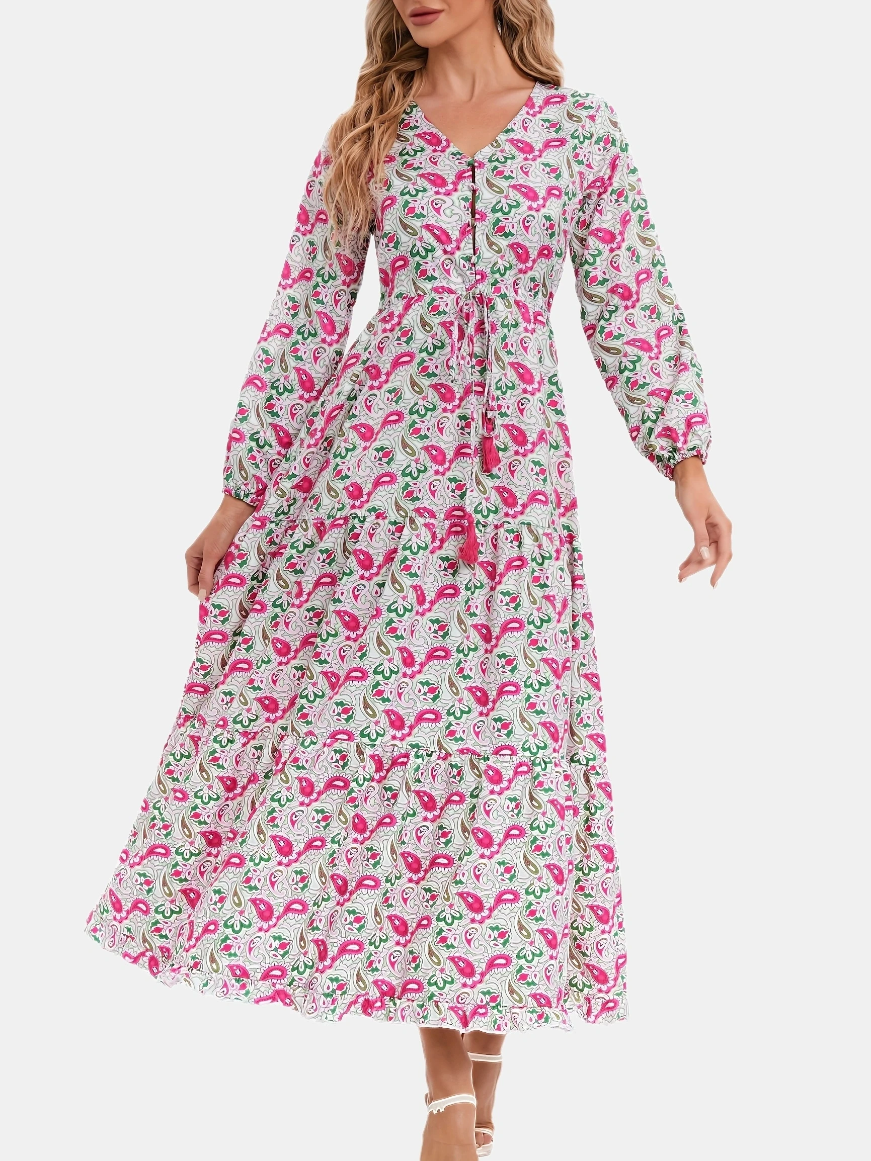Bohemia Elegant Dress Women's  Print V-neck Nipped Waist Dress String Long Sleeve Maxi Dress