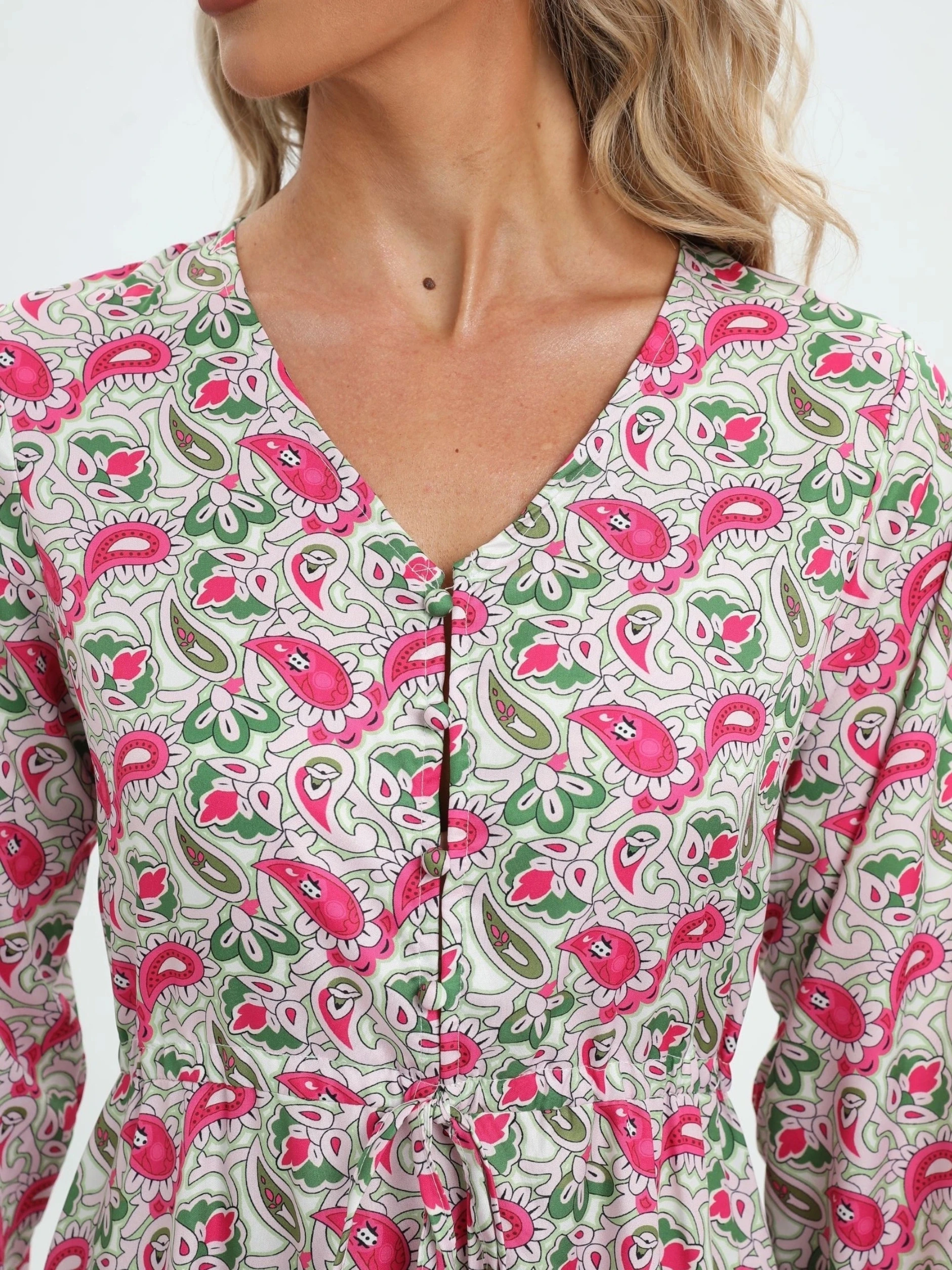 Bohemia Elegant Dress Women's  Print V-neck Nipped Waist Dress String Long Sleeve Maxi Dress