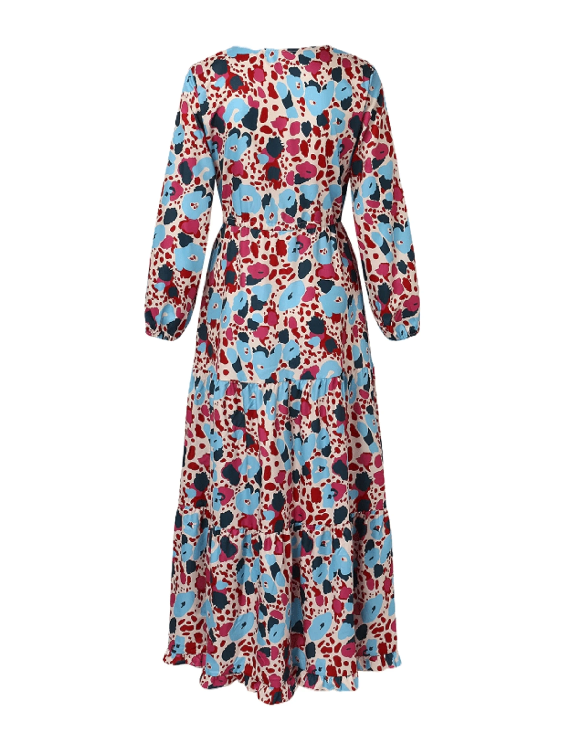 Bohemia Elegant Dress Women's  Print V-neck Nipped Waist Dress String Long Sleeve Maxi Dress