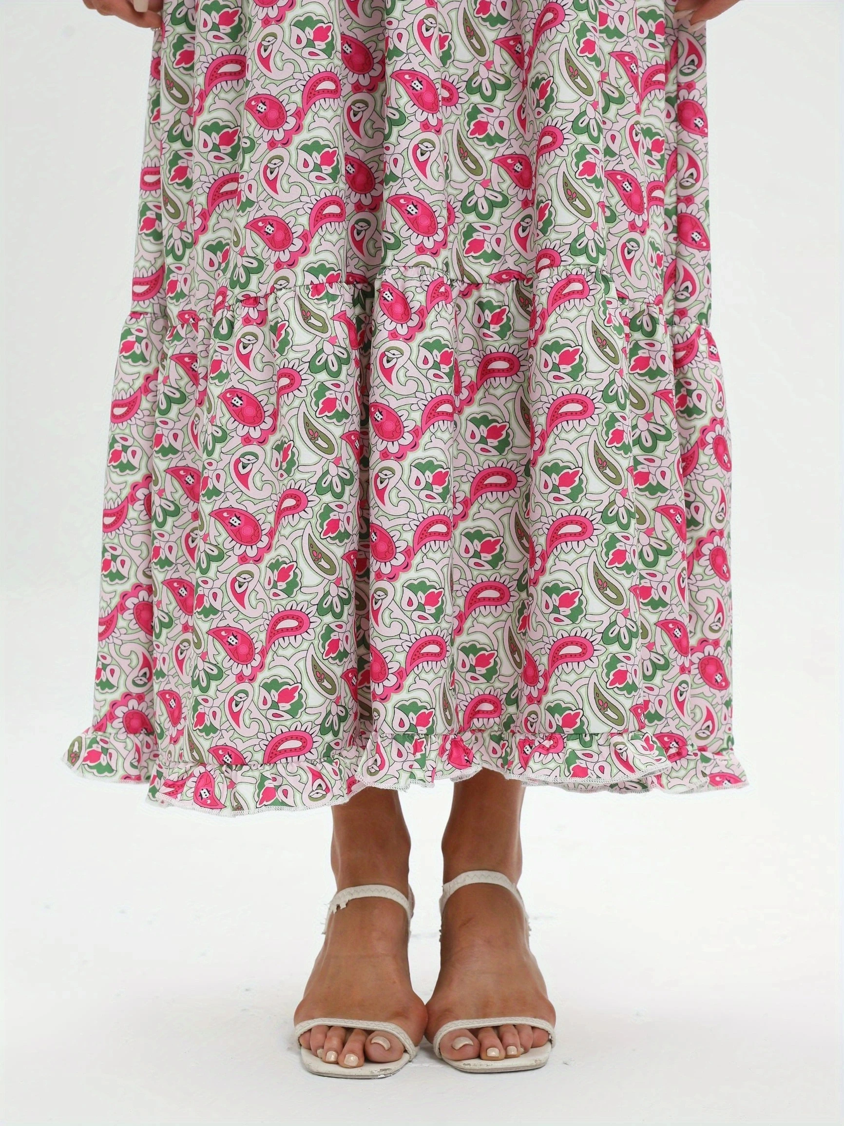 Bohemia Elegant Dress Women's  Print V-neck Nipped Waist Dress String Long Sleeve Maxi Dress