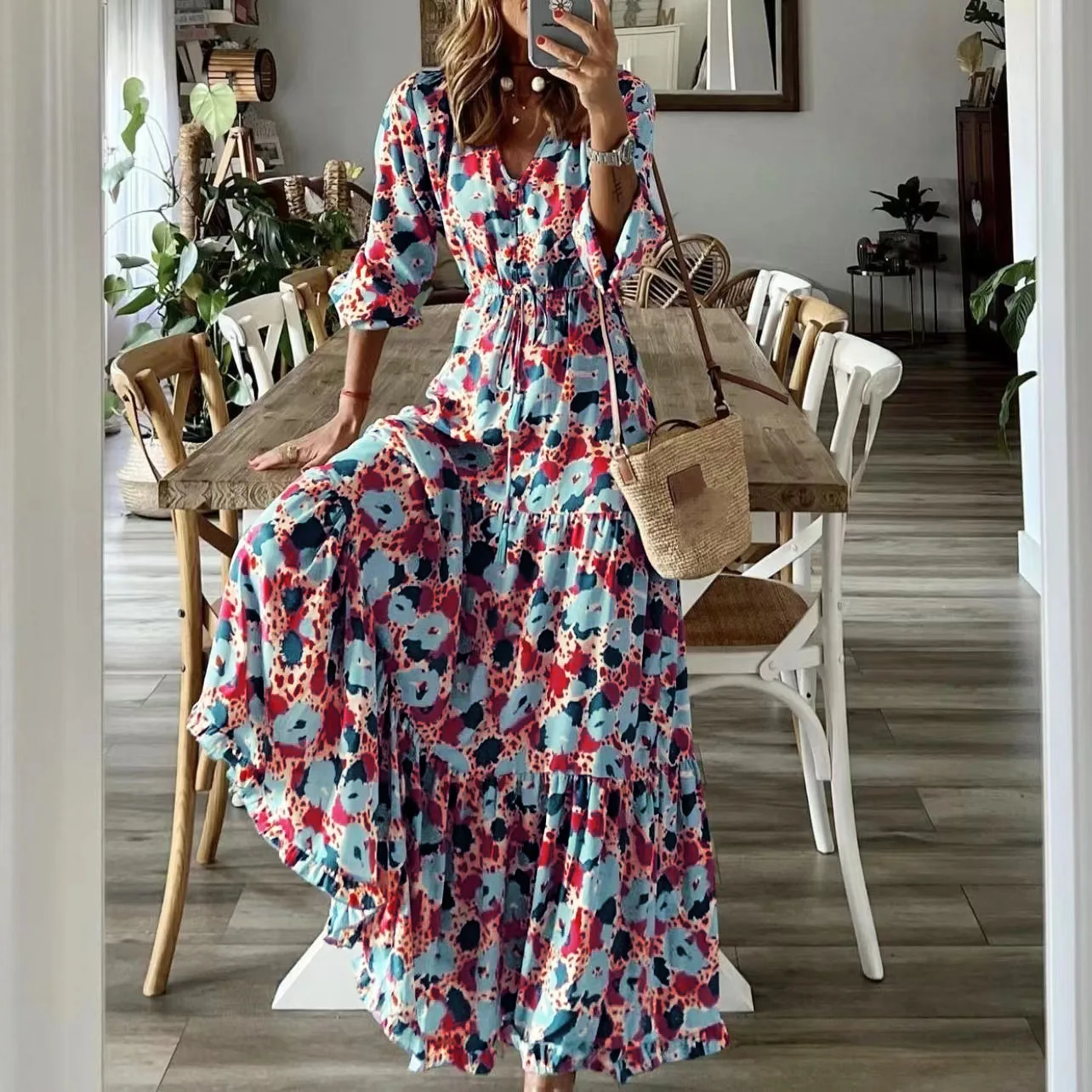 Bohemia Elegant Dress Women's  Print V-neck Nipped Waist Dress String Long Sleeve Maxi Dress