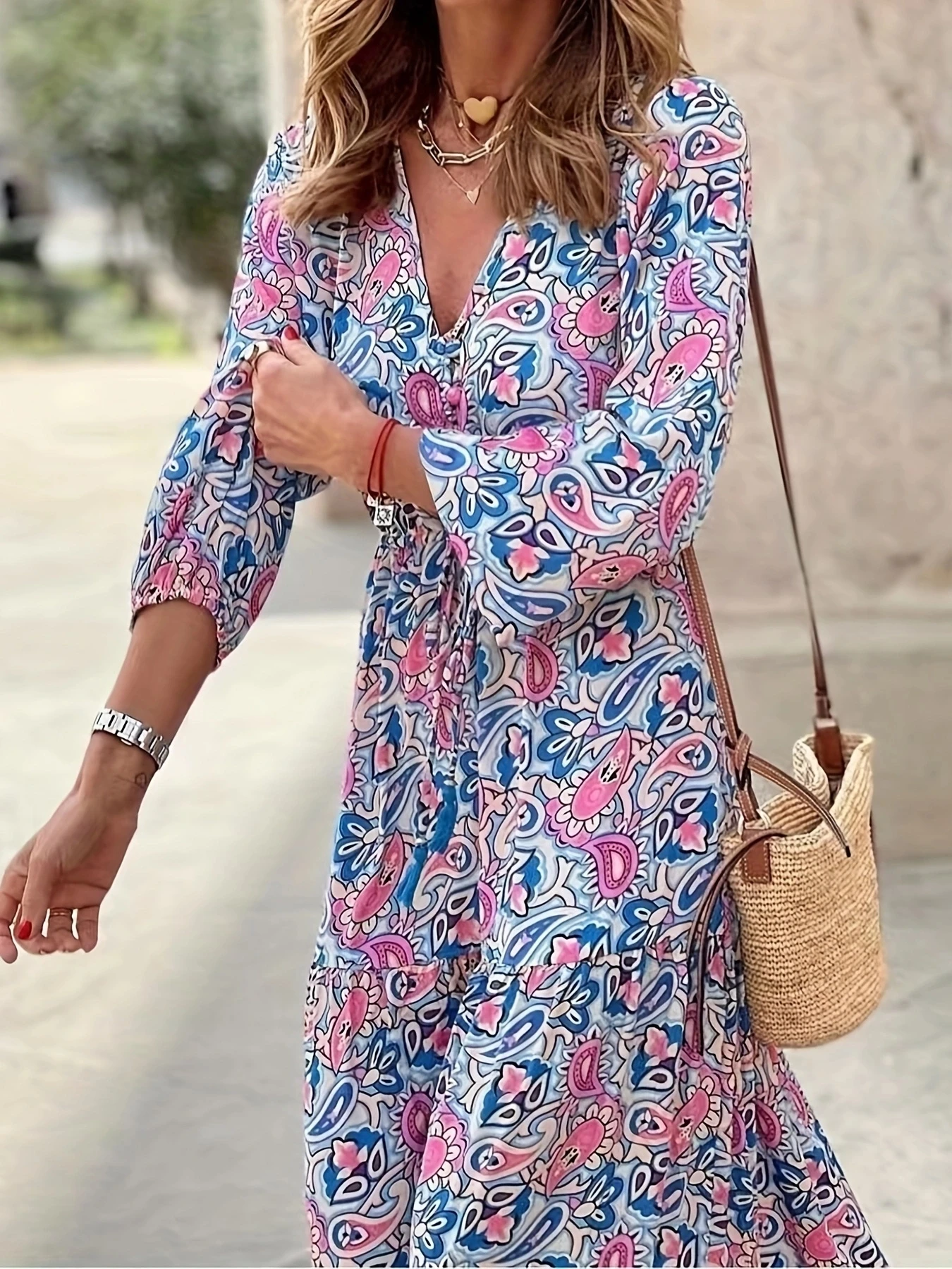 Bohemia Elegant Dress Women's  Print V-neck Nipped Waist Dress String Long Sleeve Maxi Dress