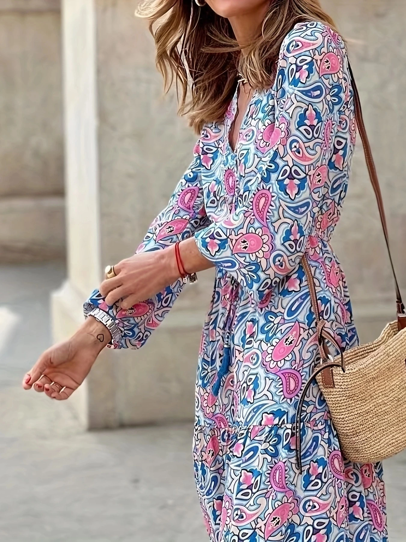 Bohemia Elegant Dress Women's  Print V-neck Nipped Waist Dress String Long Sleeve Maxi Dress