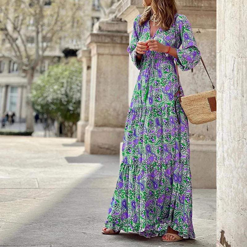BAMBOOBOY Bohemian Print Maxi Dress V-neck Long Sleeve Casual Vacation Beach Long Dresses for Women Spring Summer Vestidos