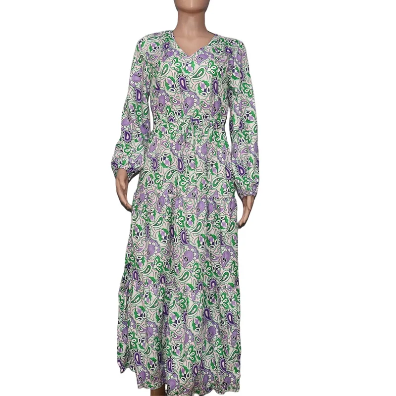 BAMBOOBOY Bohemian Print Maxi Dress V-neck Long Sleeve Casual Vacation Beach Long Dresses for Women Spring Summer Vestidos