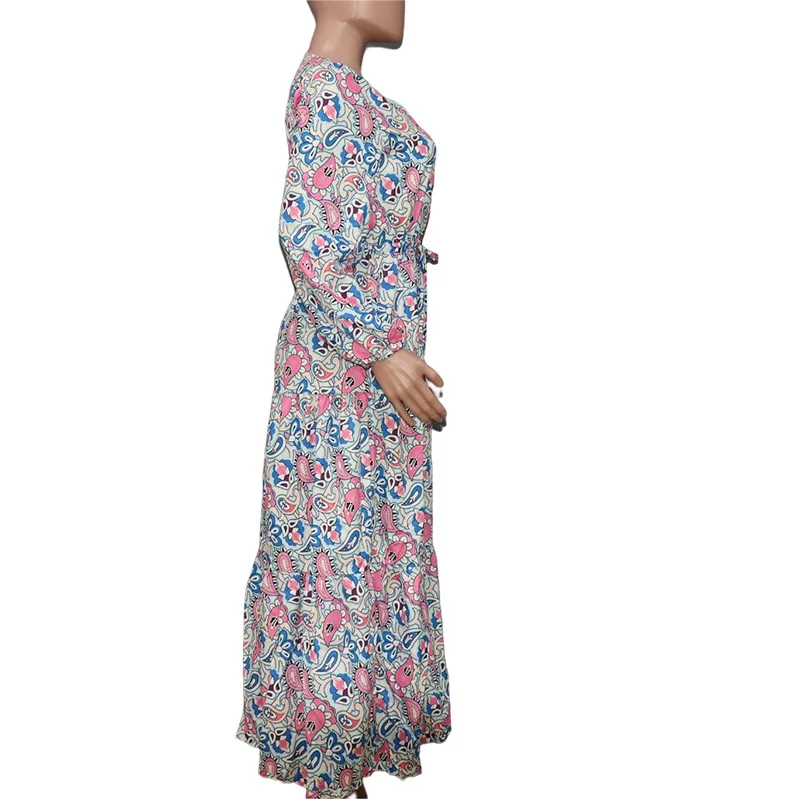 BAMBOOBOY Bohemian Print Maxi Dress V-neck Long Sleeve Casual Vacation Beach Long Dresses for Women Spring Summer Vestidos