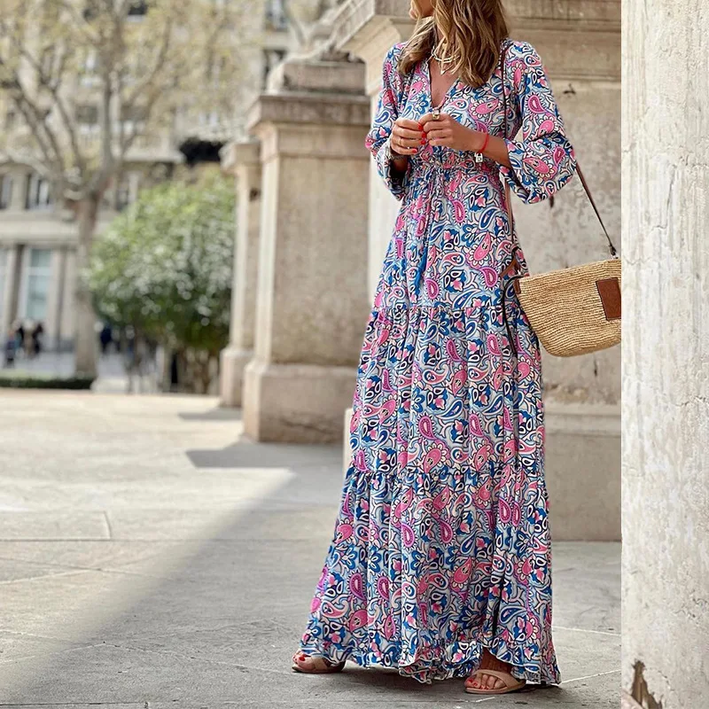 BAMBOOBOY Bohemian Print Maxi Dress V-neck Long Sleeve Casual Vacation Beach Long Dresses for Women Spring Summer Vestidos