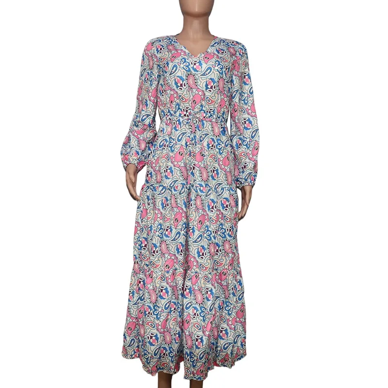 BAMBOOBOY Bohemian Print Maxi Dress V-neck Long Sleeve Casual Vacation Beach Long Dresses for Women Spring Summer Vestidos