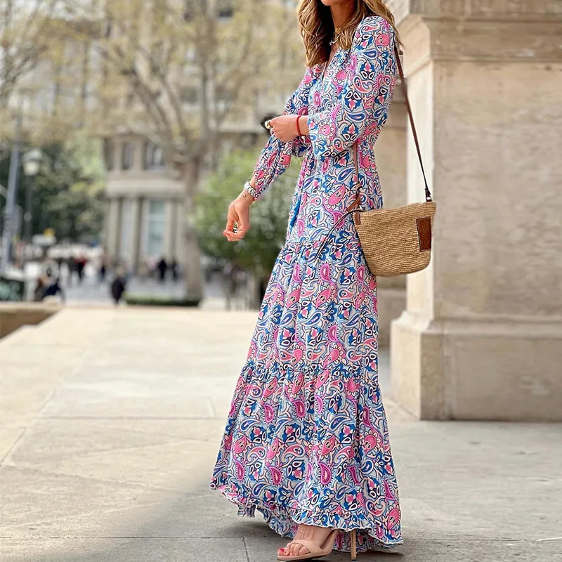 BAMBOOBOY Bohemian Print Maxi Dress V-neck Long Sleeve Casual Vacation Beach Long Dresses for Women Spring Summer Vestidos