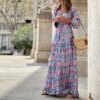 BAMBOOBOY Bohemian Print Maxi Dress V-neck Long Sleeve Casual Vacation Beach Long Dresses for Women Spring Summer Vestidos