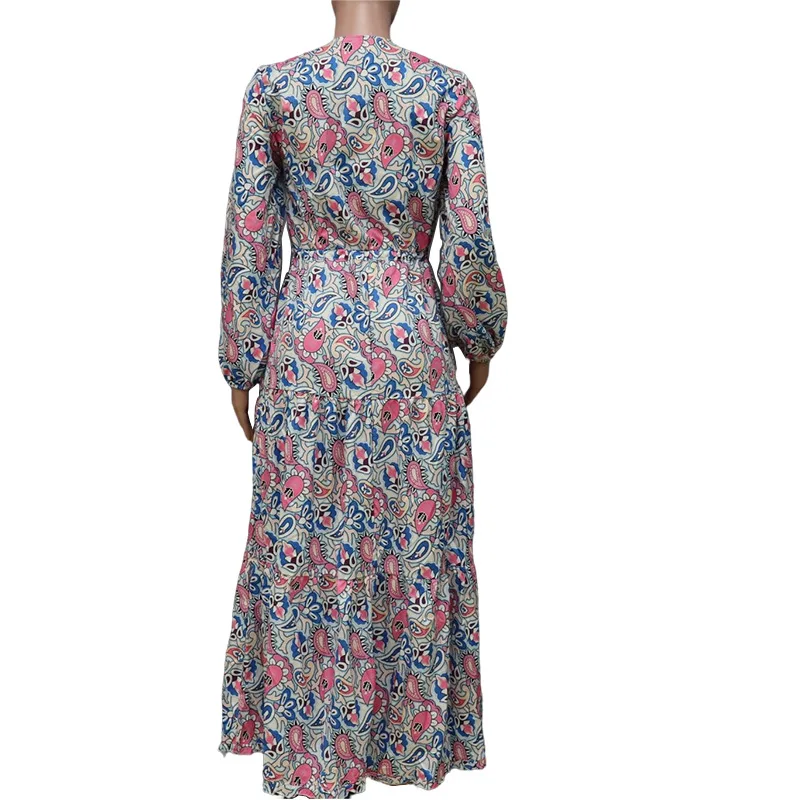 BAMBOOBOY Bohemian Print Maxi Dress V-neck Long Sleeve Casual Vacation Beach Long Dresses for Women Spring Summer Vestidos