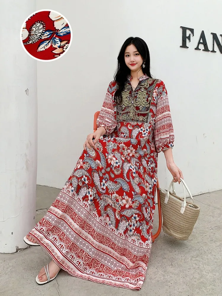 Summer Autumn Robe Maxi Long Dress Women Indian Clothes Boho Cotton Print Floral Boho Korean Style Fashion Casual Vestido Largos