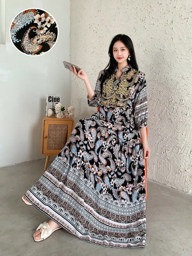 Summer Autumn Robe Maxi Long Dress Women Indian Clothes Boho Cotton Print Floral Boho Korean Style Fashion Casual Vestido Largos