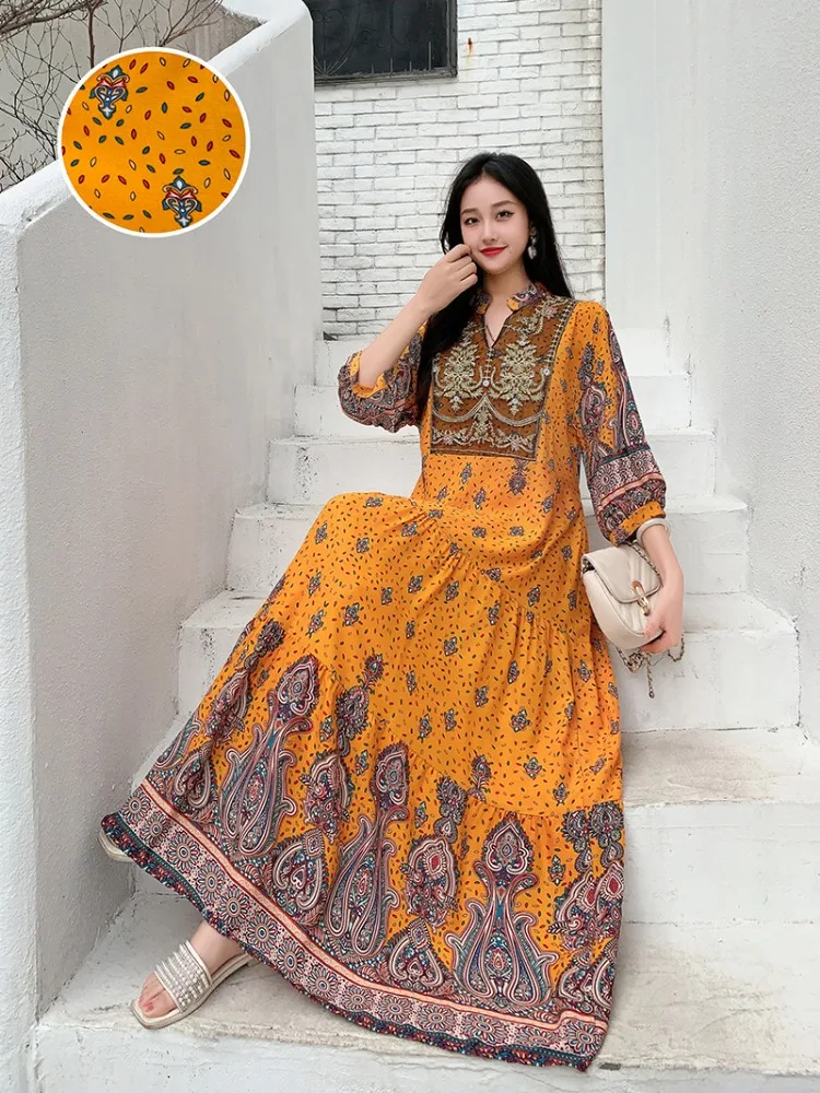 Summer Autumn Robe Maxi Long Dress Women Indian Clothes Boho Cotton Print Floral Boho Korean Style Fashion Casual Vestido Largos