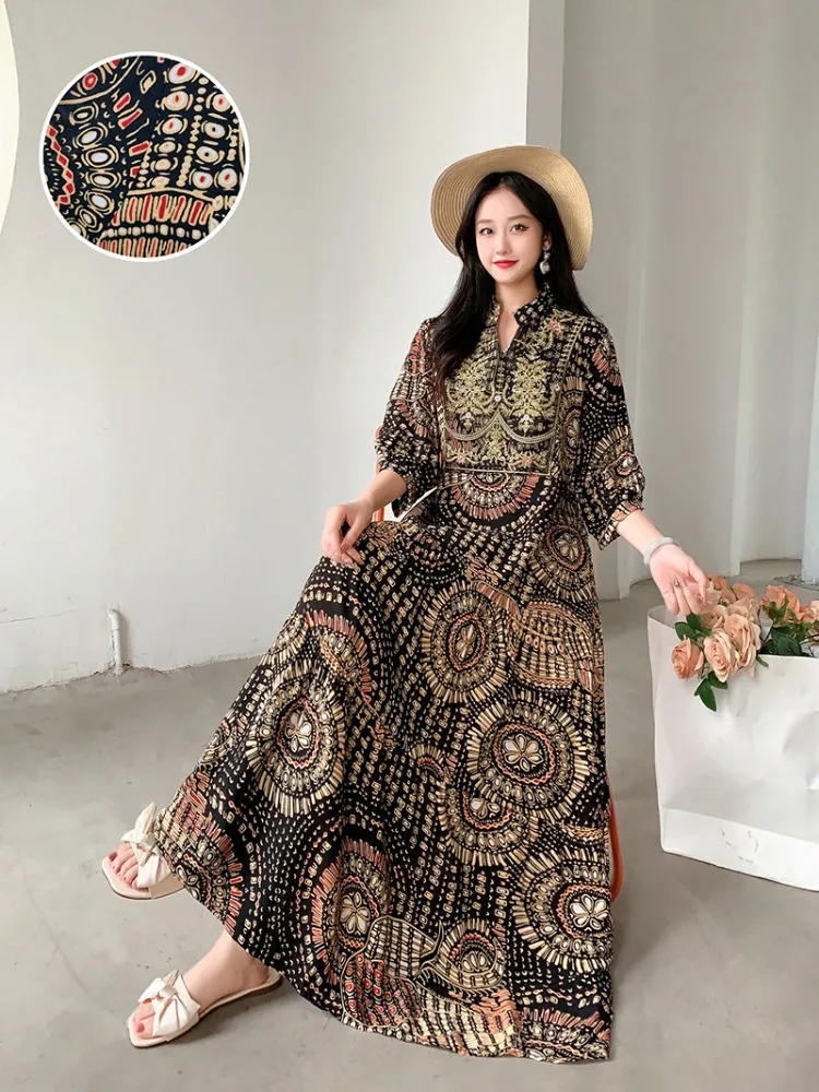Summer Autumn Robe Maxi Long Dress Women Indian Clothes Boho Cotton Print Floral Boho Korean Style Fashion Casual Vestido Largos