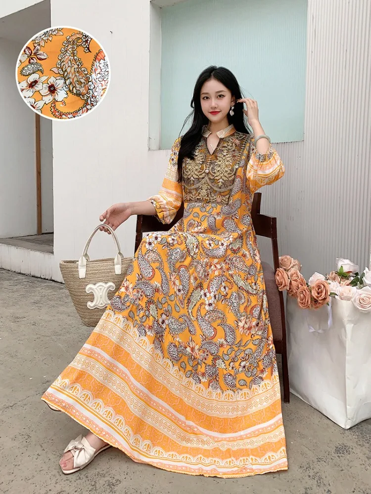 Summer Autumn Robe Maxi Long Dress Women Indian Clothes Boho Cotton Print Floral Boho Korean Style Fashion Casual Vestido Largos