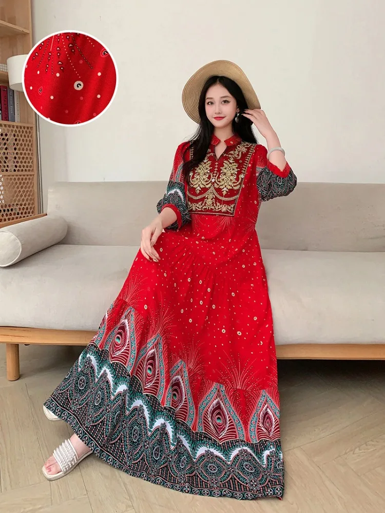 Summer Autumn Robe Maxi Long Dress Women Indian Clothes Boho Cotton Print Floral Boho Korean Style Fashion Casual Vestido Largos