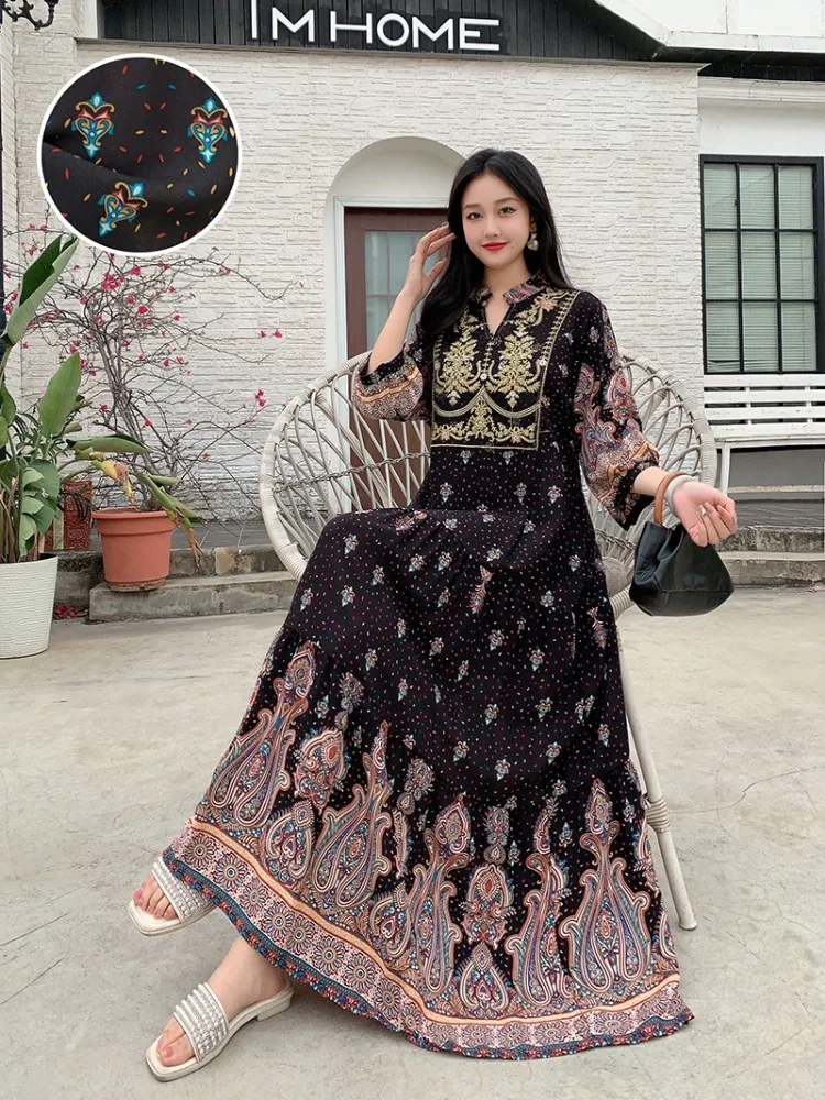 Summer Autumn Robe Maxi Long Dress Women Indian Clothes Boho Cotton Print Floral Boho Korean Style Fashion Casual Vestido Largos