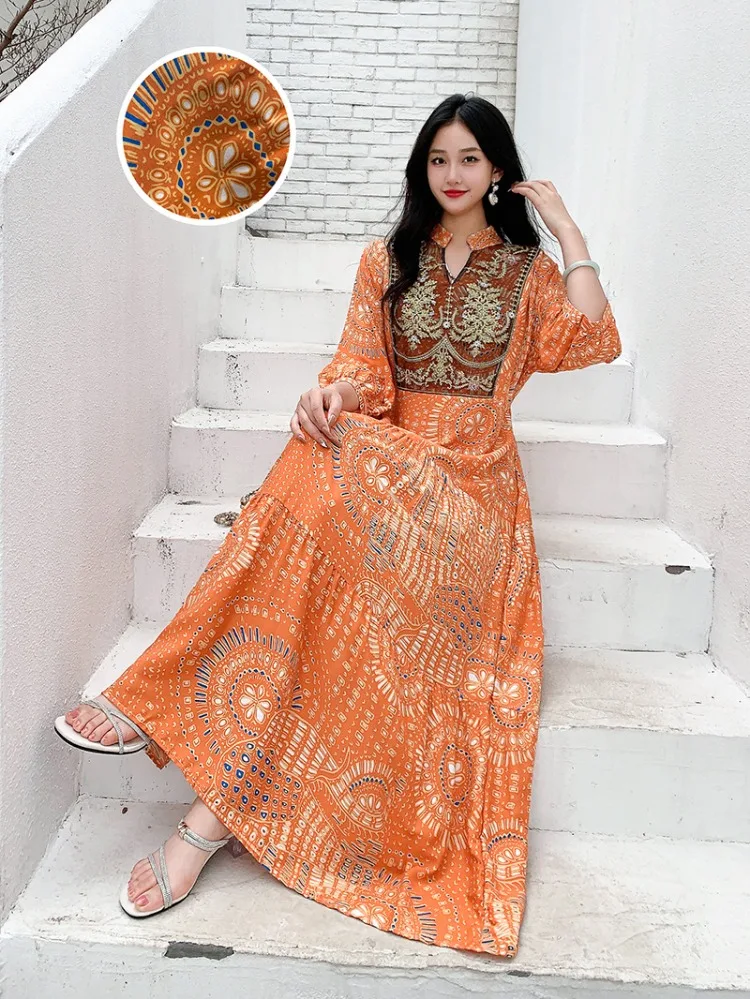 Summer Autumn Robe Maxi Long Dress Women Indian Clothes Boho Cotton Print Floral Boho Korean Style Fashion Casual Vestido Largos